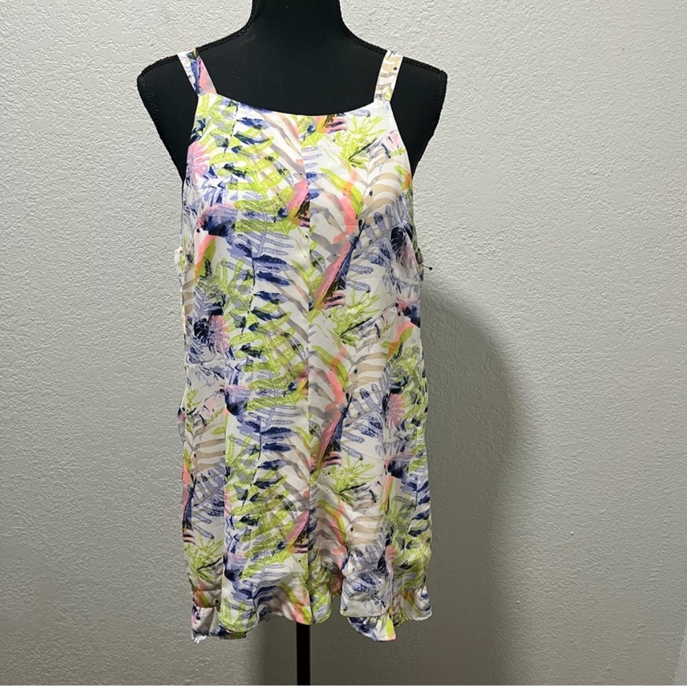Papaya Green and Purple Sleeveless Tropical Leaves Print Ruffle Hem Romper
